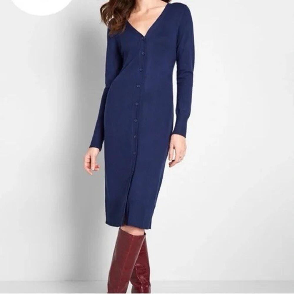 ModCloth Cardigan Knit Sweater Midi Dress Womens S Small Navy Blue